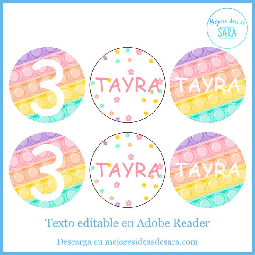 Toppers 5 cm Pop It Pastel (Textos editables)