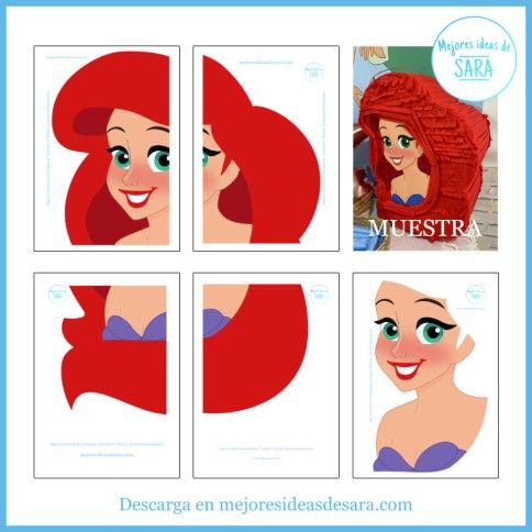 Plantillas y Rostro para Piñata de la Sirenita | Imprimibles para fiestas | Mejores Ideas de Sara