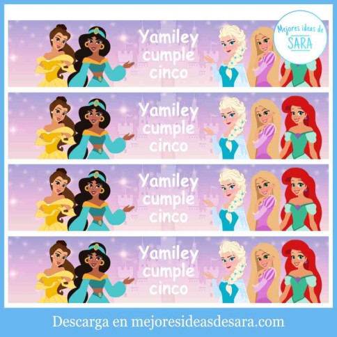 Etiquetas botellas Princesas Disney (Texto Editable) | Imprimibles para fiestas | Mejores Ideas de Sara