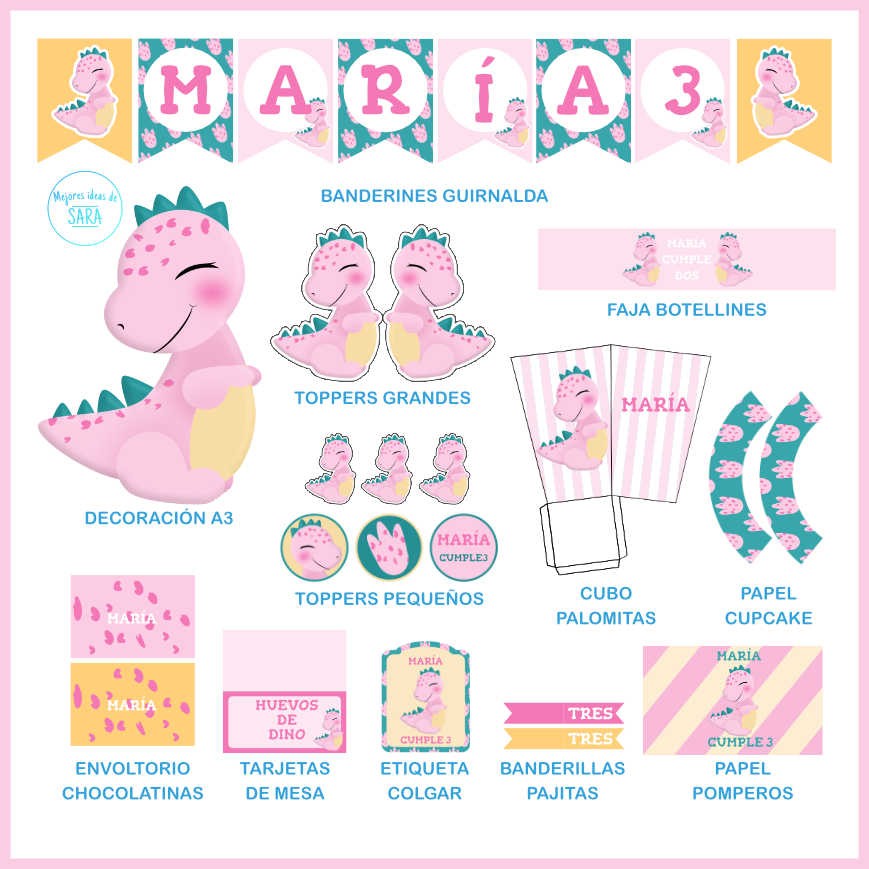 Kit Decoración Fiesta Dinosaurio Bebé Rosa (Textos Editables)